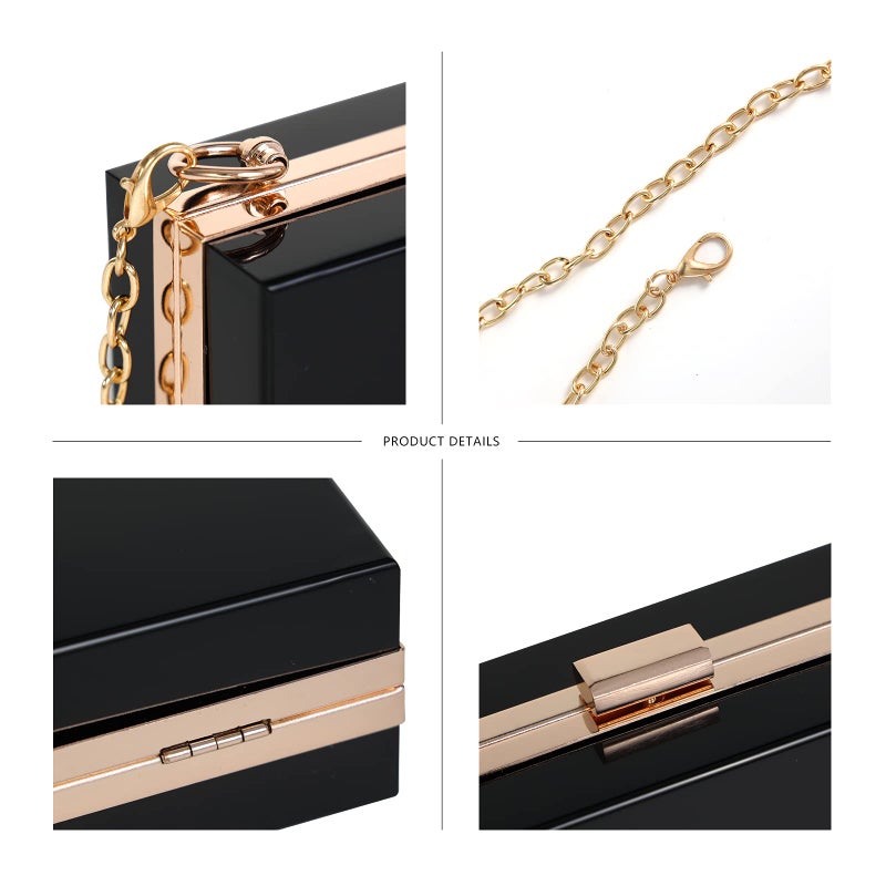 WJCD Women Clear Purse Acrylic Box Clutch Handbag, Small Transparent Crossbody Evening Bag Stadium Approved Gold Chain Strap (Black) - Image 3